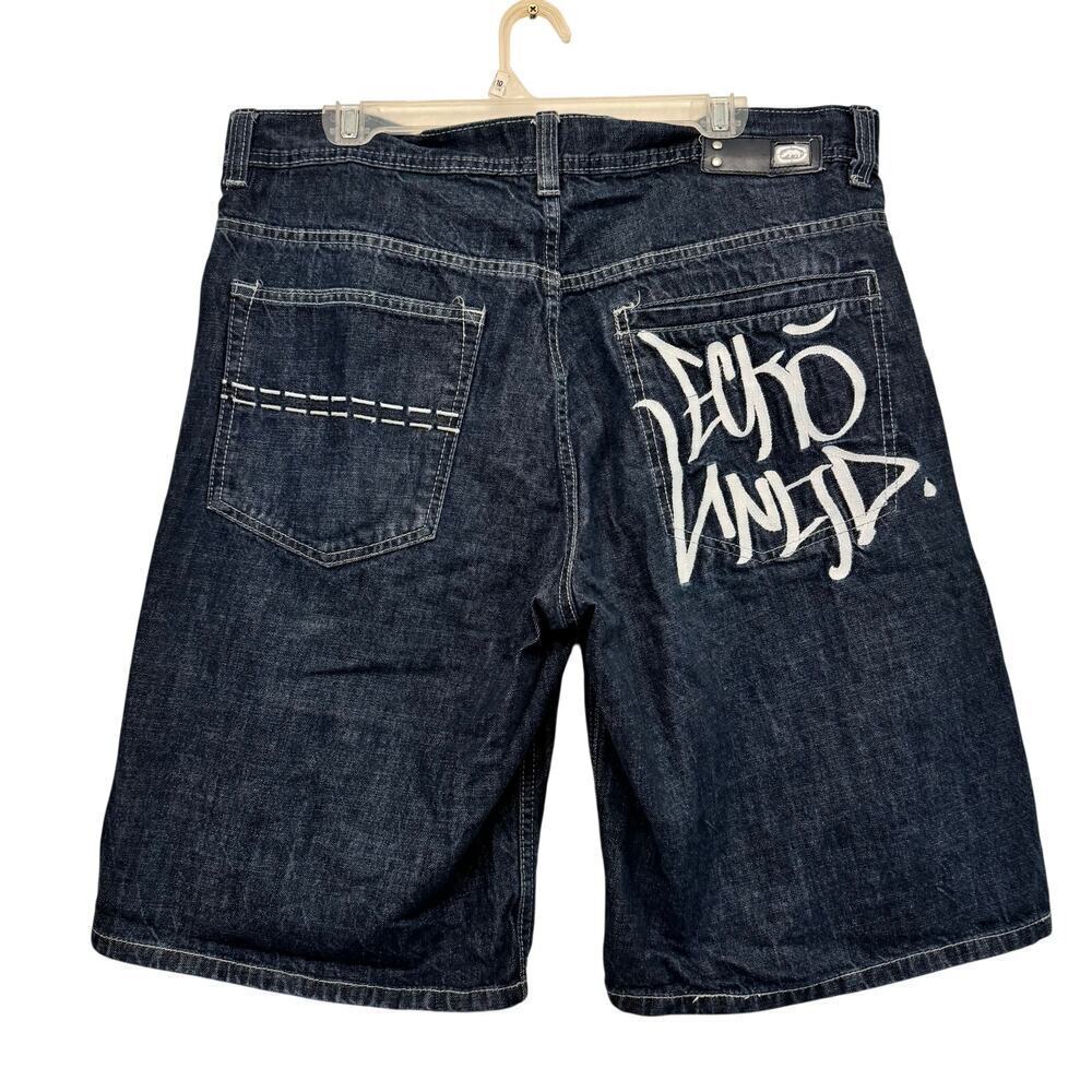 Ecko Unltd. Y2K baggy dark denim embroidered jean short Skater Hip Hop Size 36